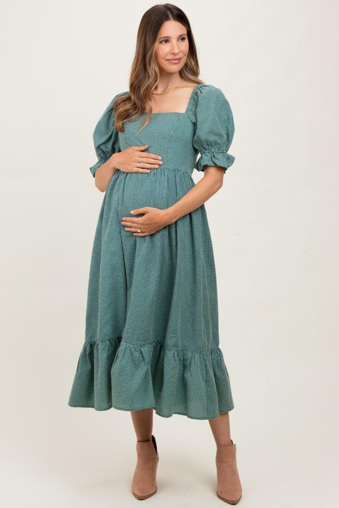 teal gingham square neck maternity midi dress