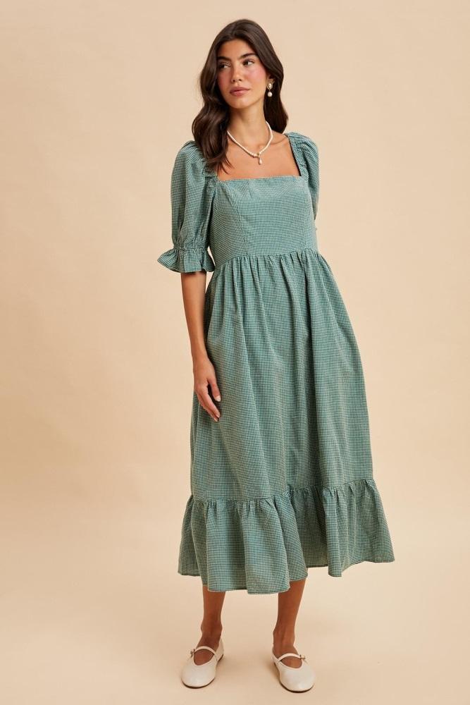 teal gingham square neck midi dress