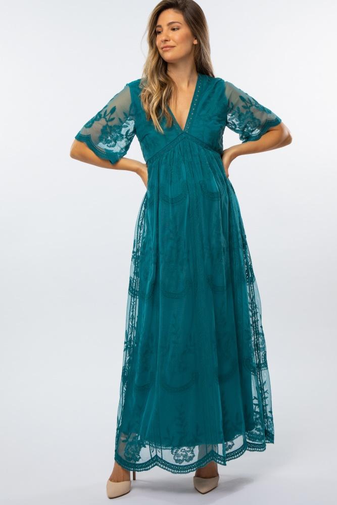 teal lace mesh overlay maternity maxi dress