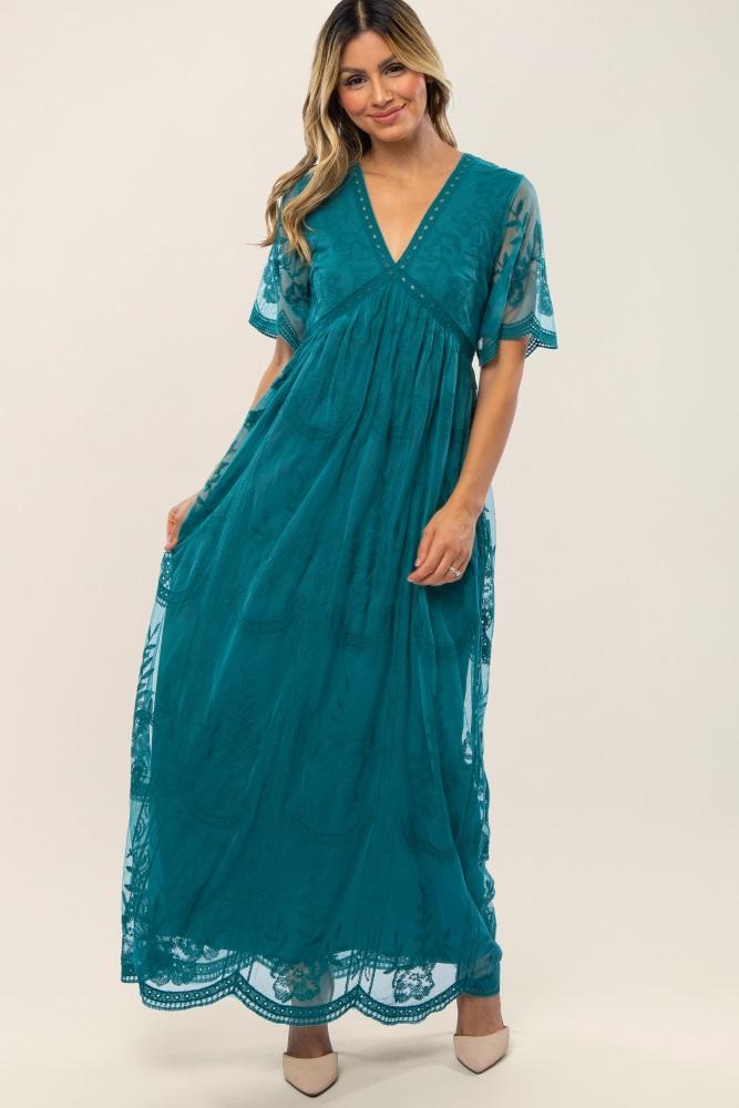 teal lace mesh overlay maxi dress