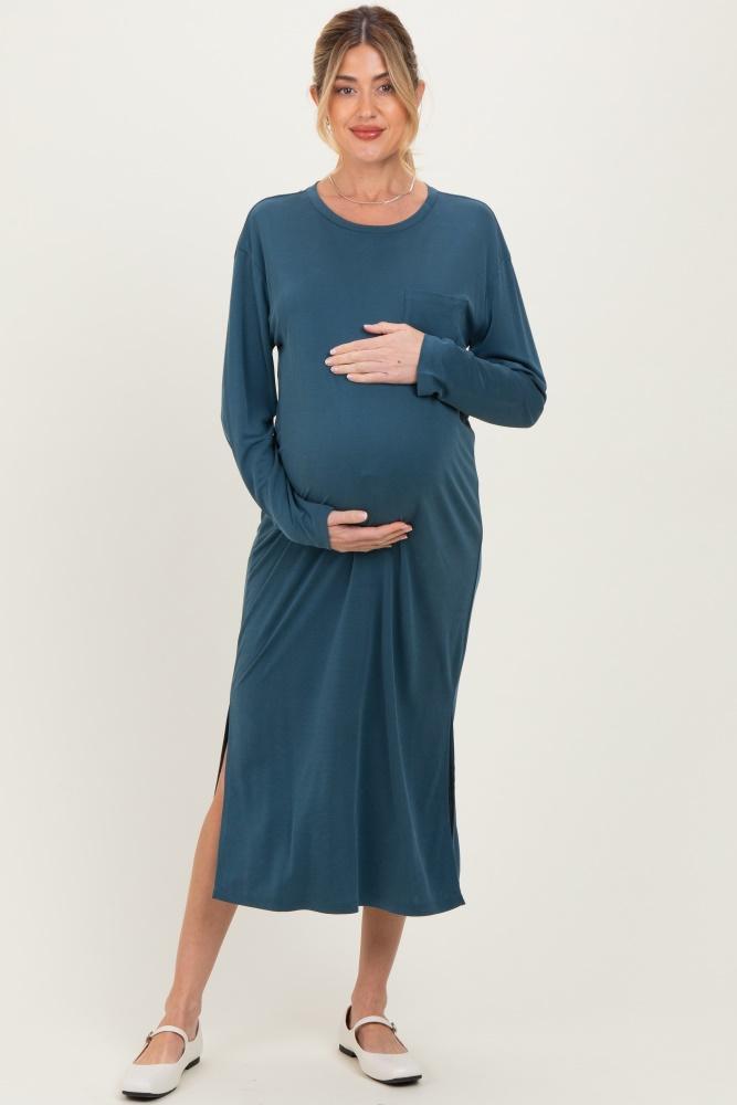 teal oversized long sleeve maternity midi dress
