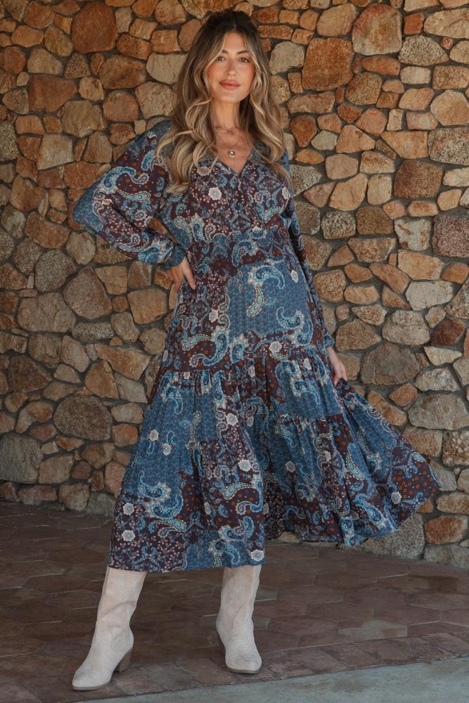 teal paisley print smocked waist tiered maternity midi dress