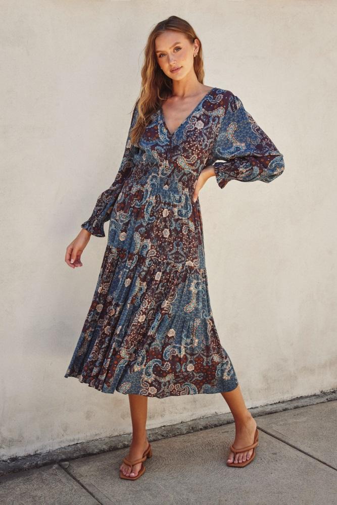 teal paisley print smocked waist tiered midi dress