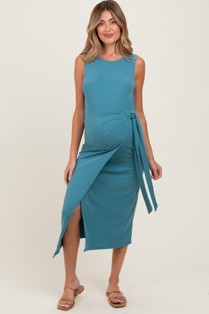 teal sleeveless wrap tie waist maternity midi dress