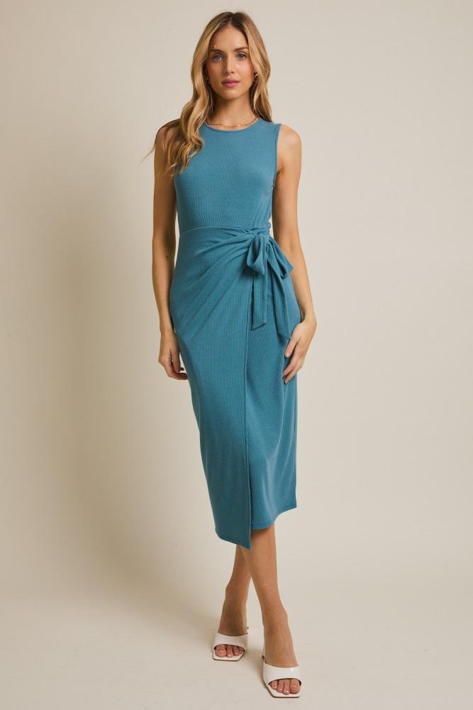 teal sleeveless wrap tie waist midi dress