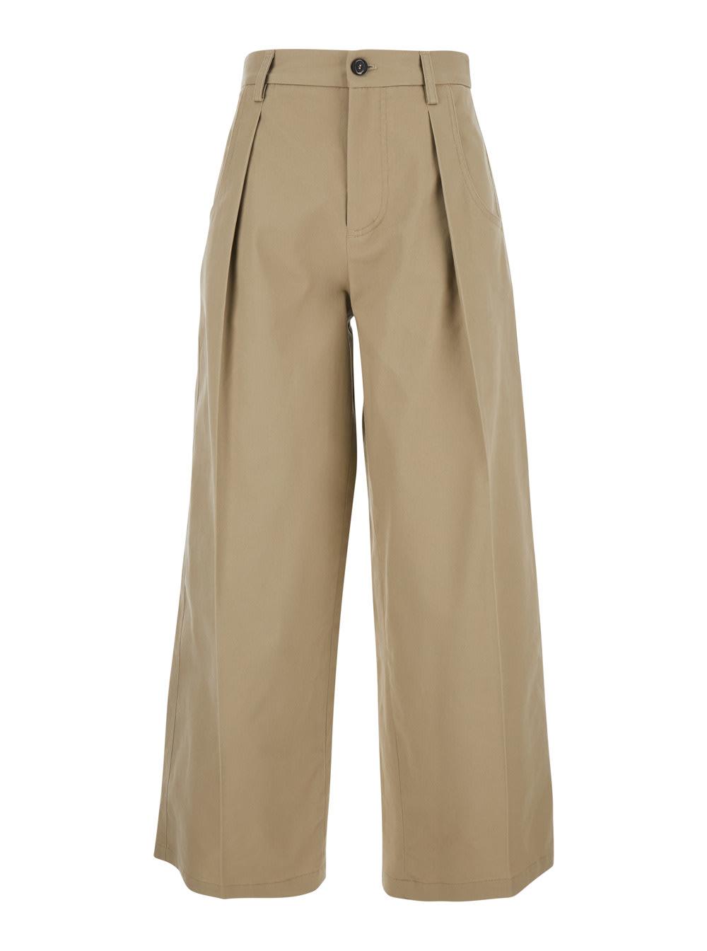 tela beige cotton front pleated trousers for women