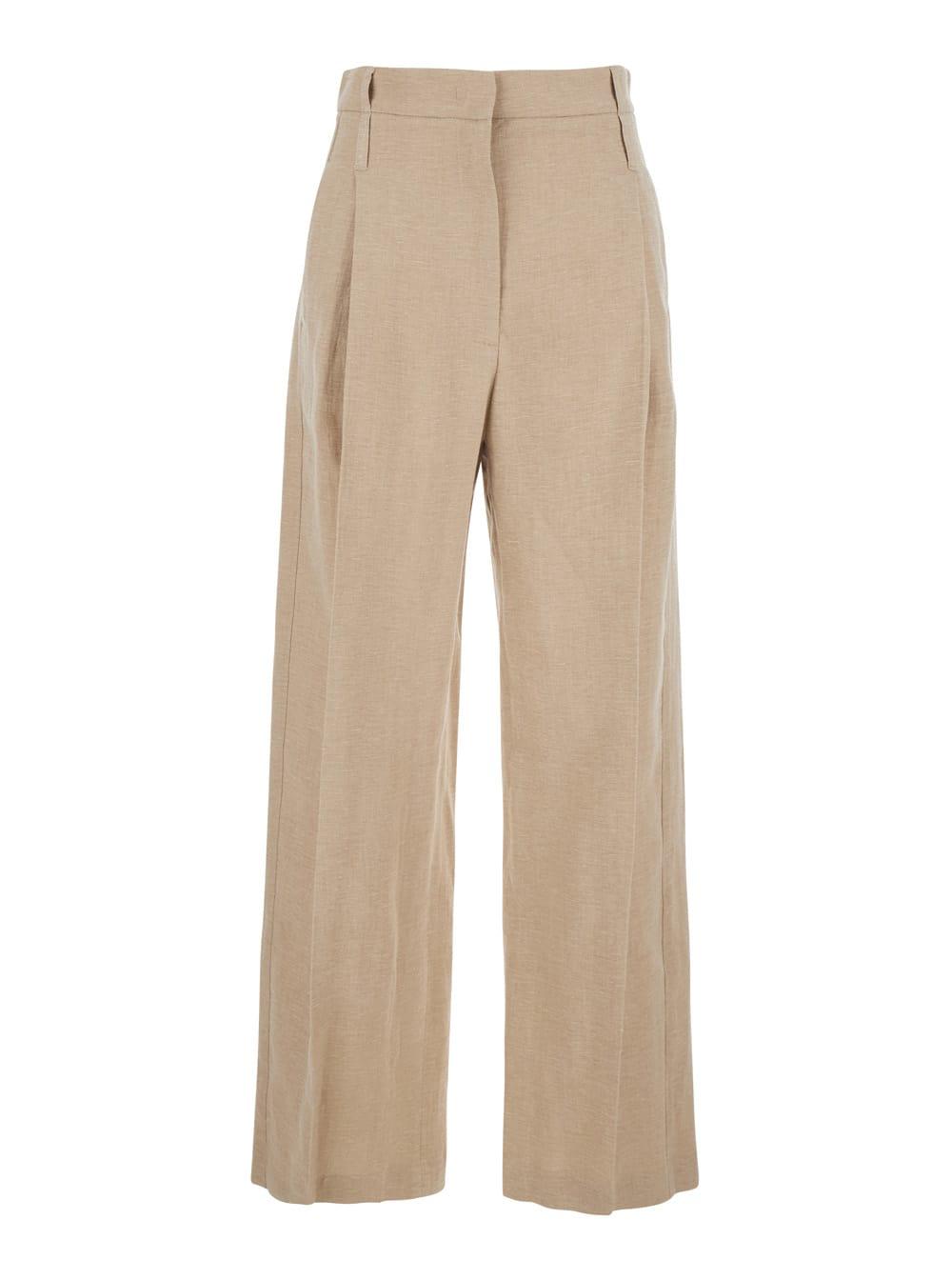 tela beige front pleated trousers in cotton and linen blend for women