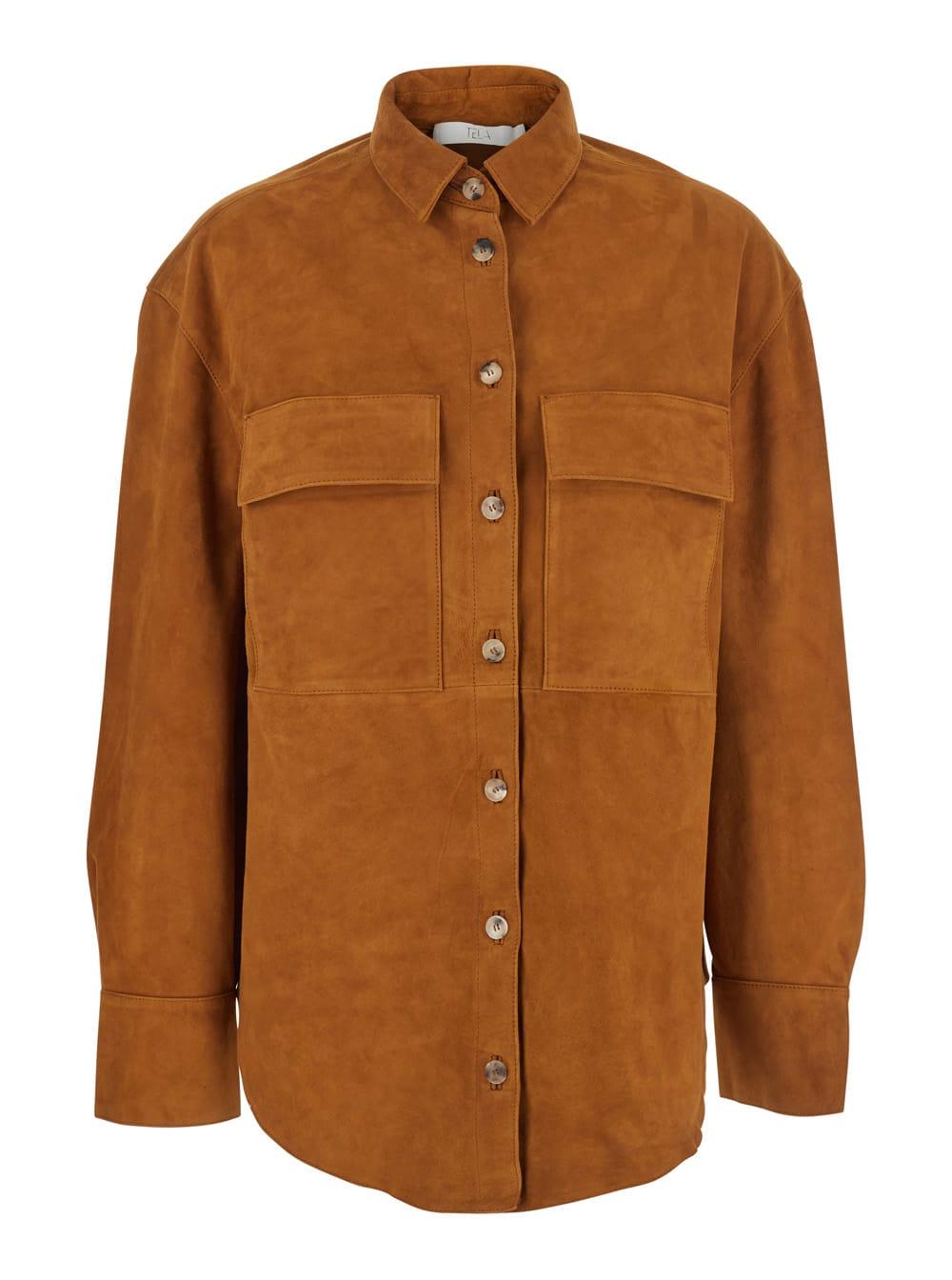 tela beige jacket with classic collar in suede woman