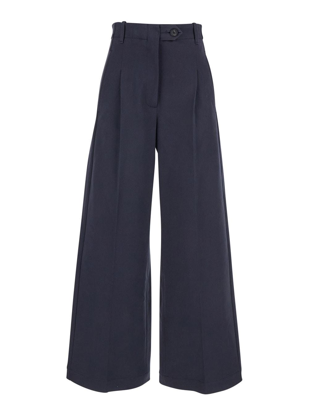 tela blue wide leg trousers with front pleats in cotton woman