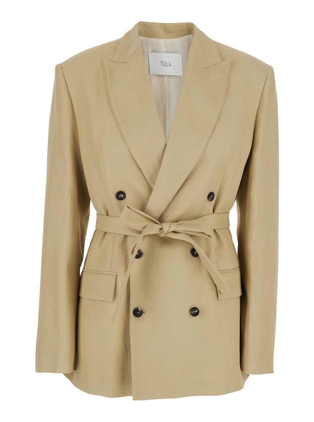 tela double-breasted jacket with peak revers in tech fabric beige women