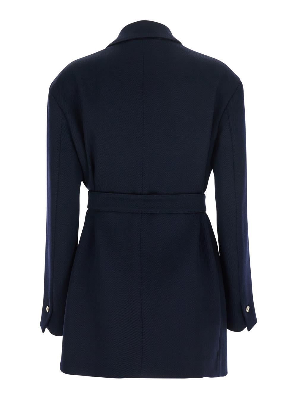 tela nomade blue double-breasted jacket with peak revers and belt in wool woman