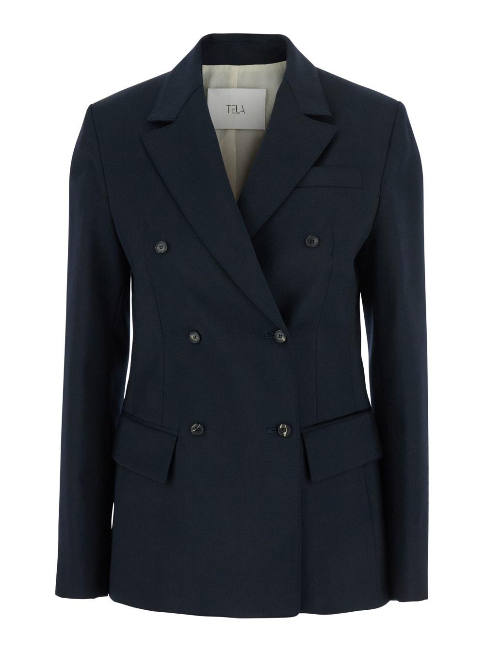 tela soho blue double-breasted jacket with notched revers in wool blend woman