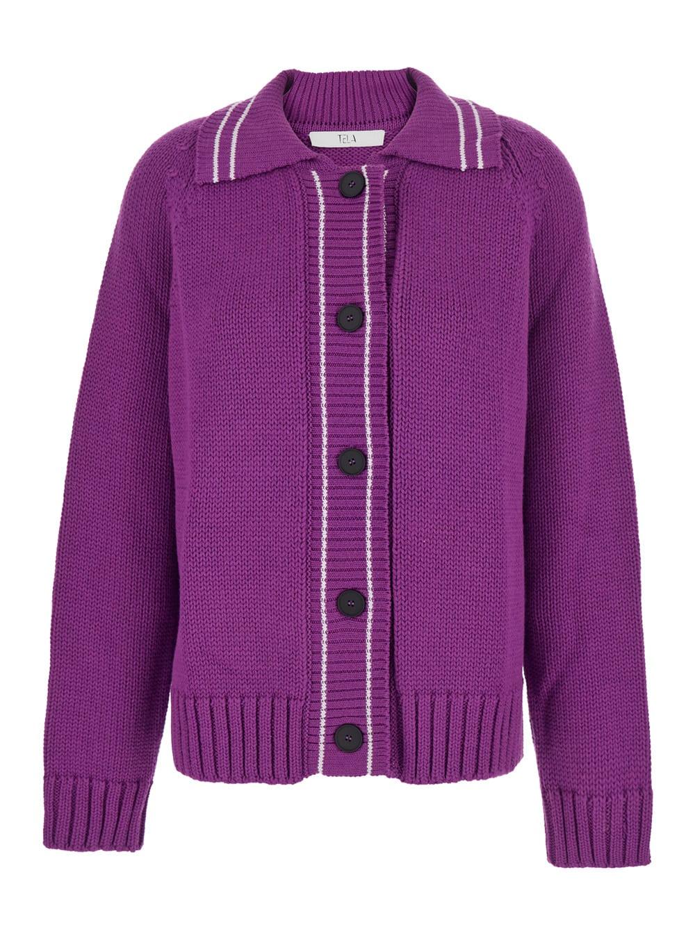tela violet cardigan with spread collar and dropped shoulders in wool blend woman