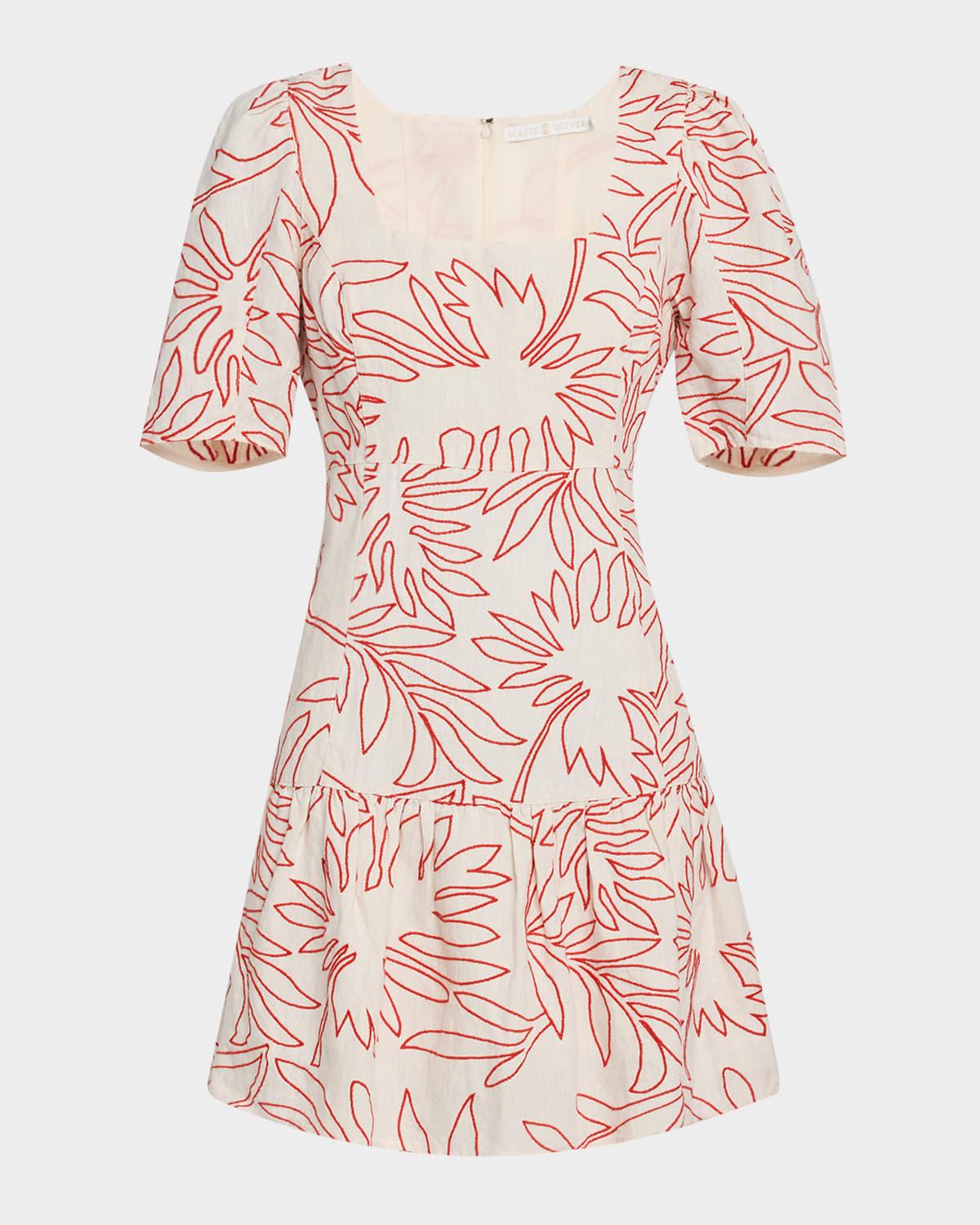 temma embroidered square-neck linen mini dress