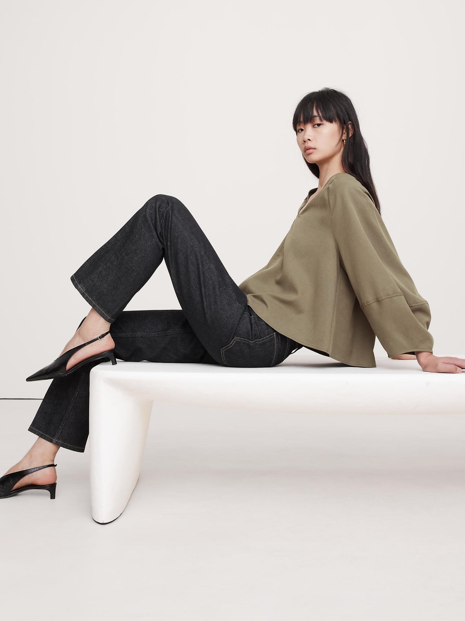 tencel™-cotton twill lantern-sleeve top
