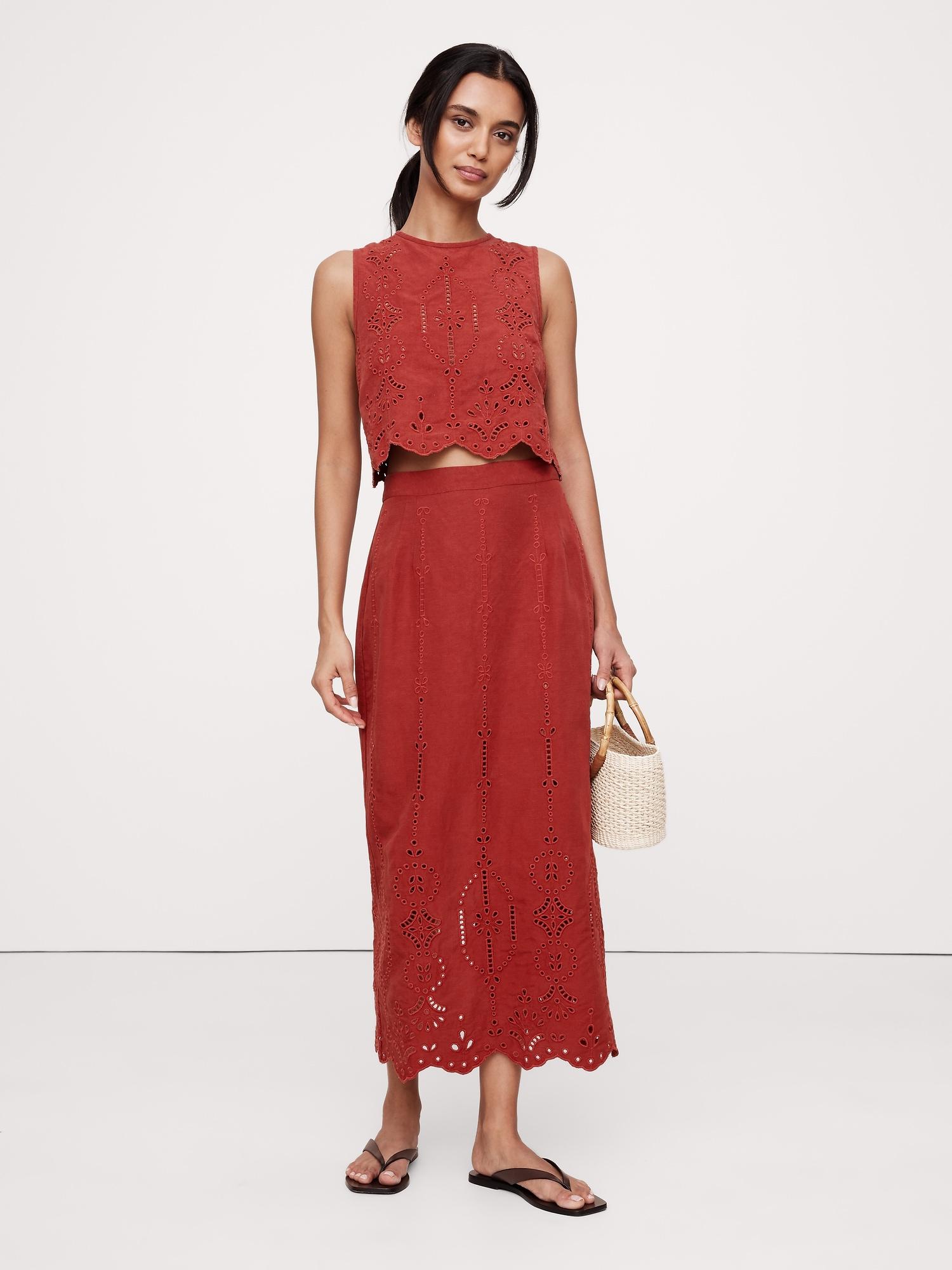 tencel™-linen eyelet long midi skirt