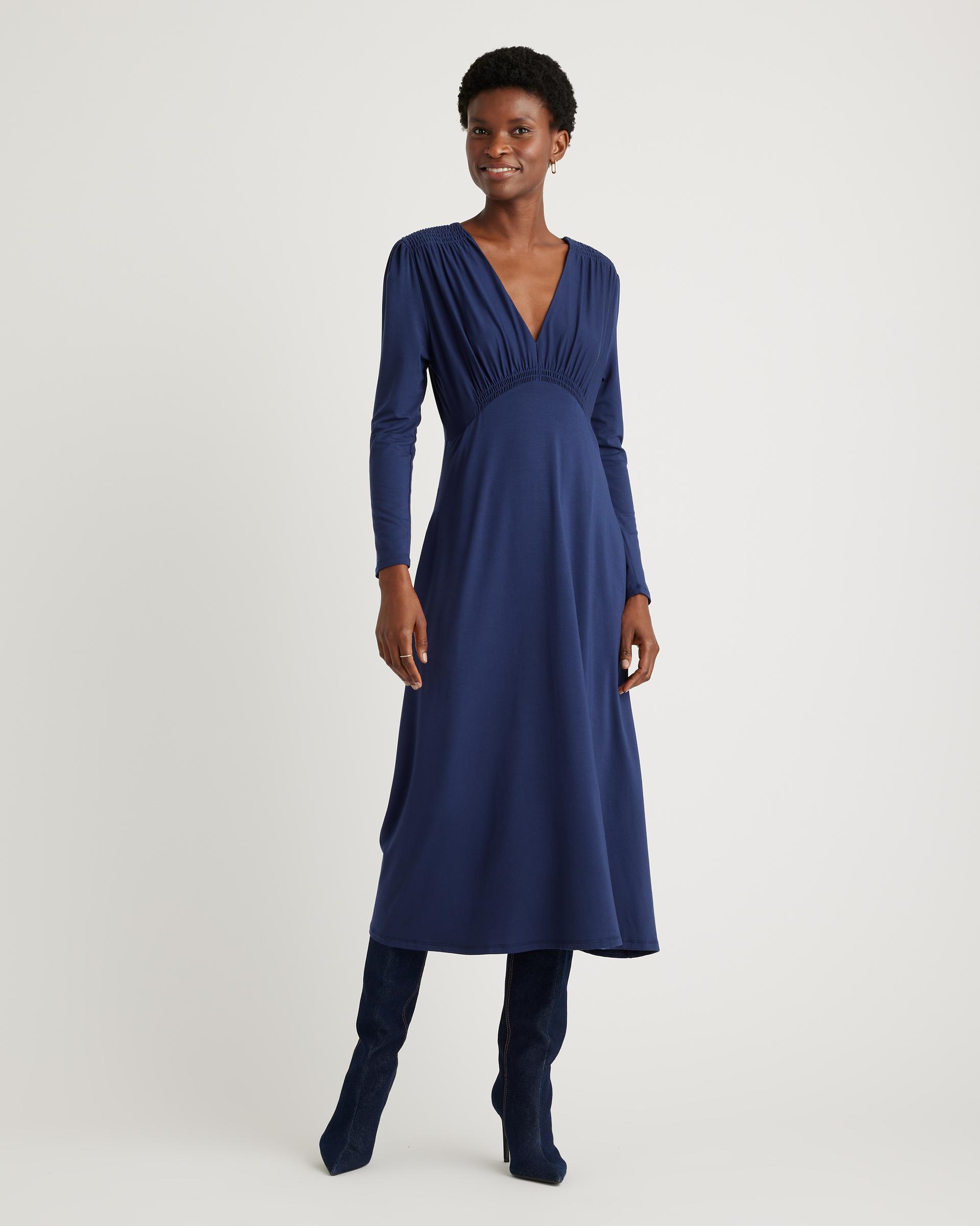 tencel jersey v-neck long sleeve midi dress