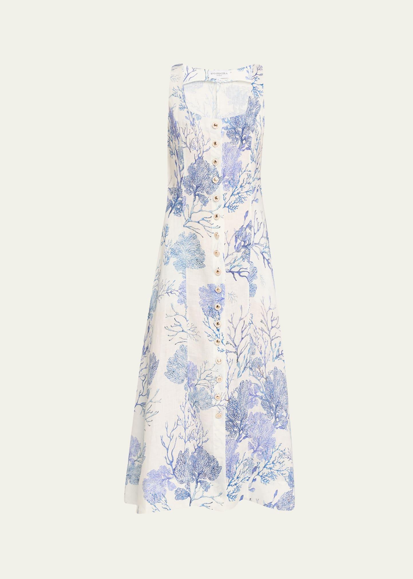 teresa coral-print linen midi dress