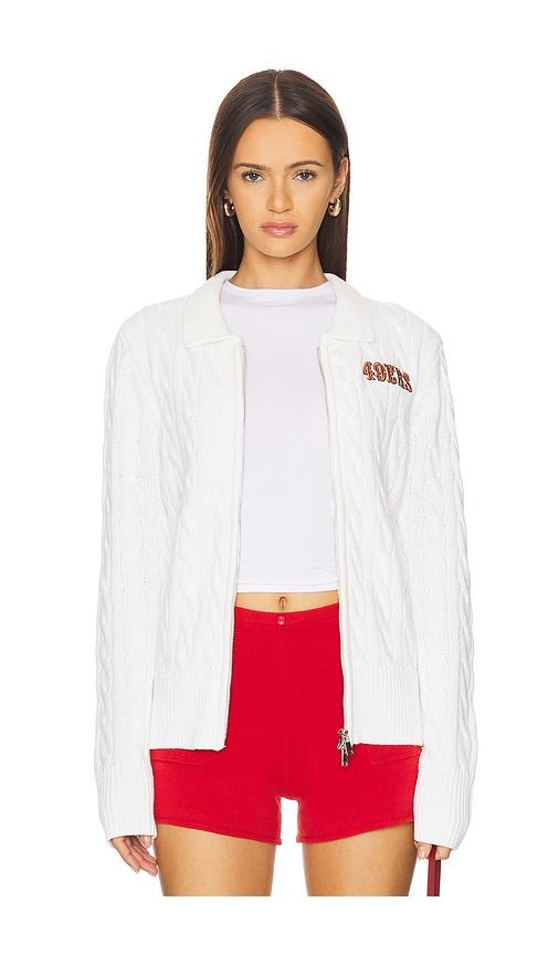 terez x revolve 49ers zip knit cardigan in white.