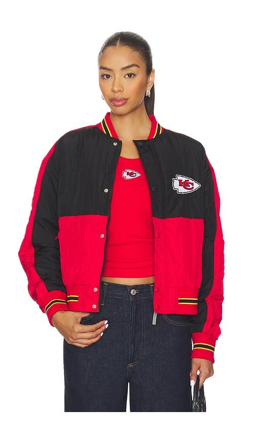 terez x revolve chiefs crop bomber in black.