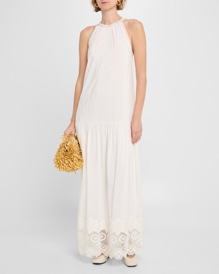 teri lace-trim halter maxi dress