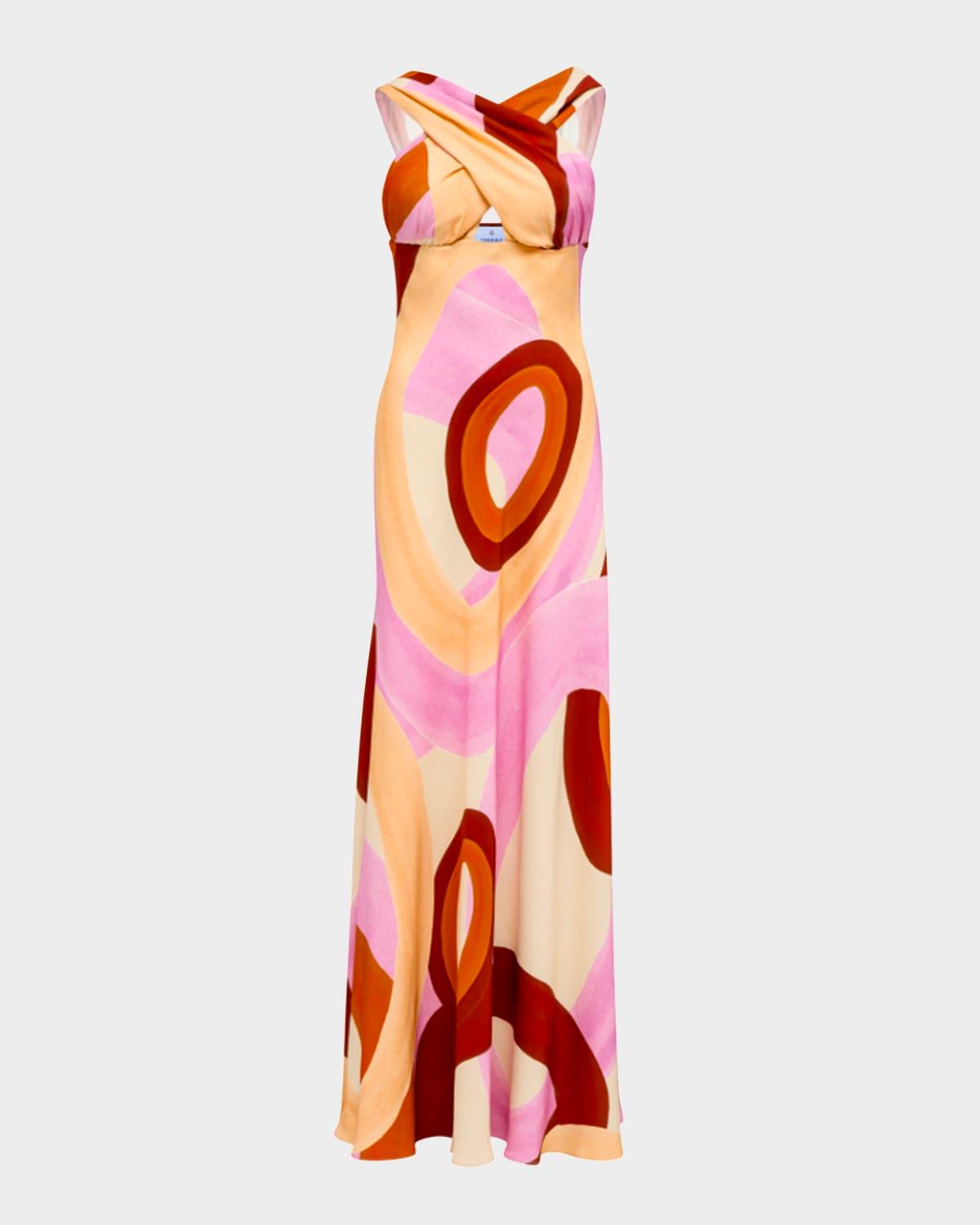 terra geometric-print crossover silk maxi dress