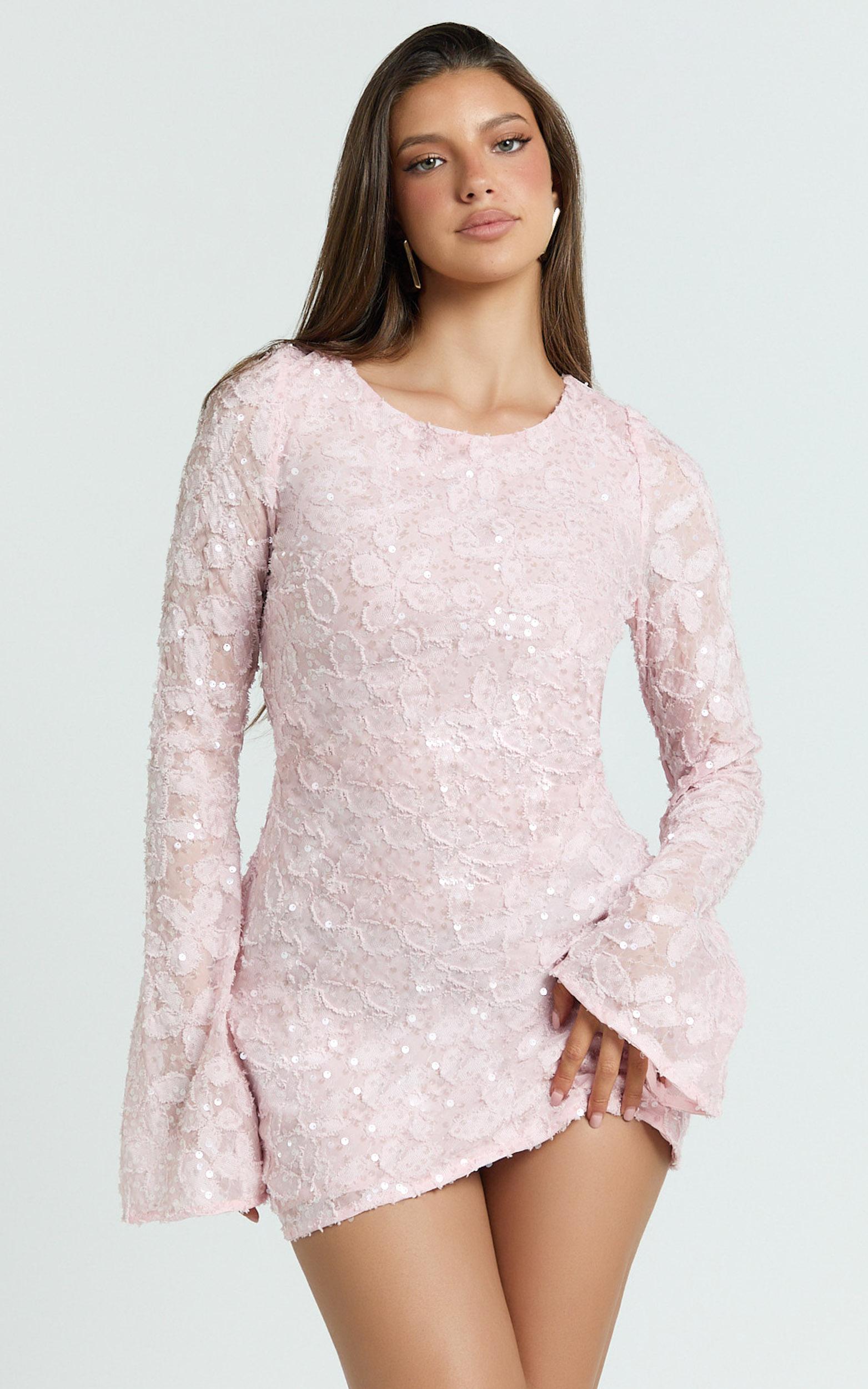 terri mini dress - long sleeve cowl back neck dress in pale pink