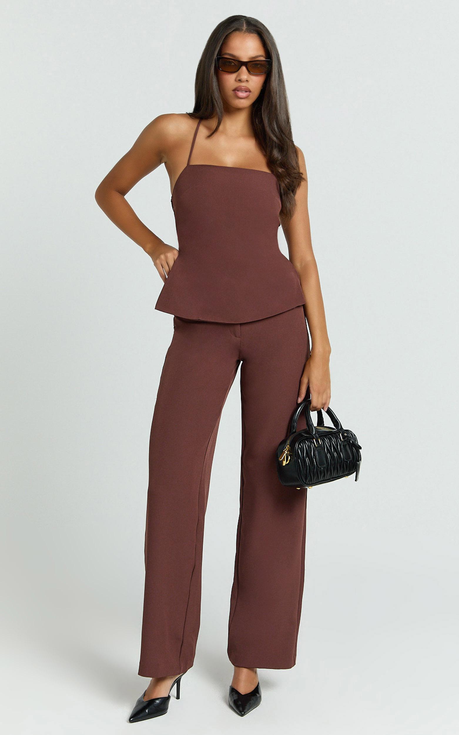 tessa pants - mid rise straight leg tailored pants in brown