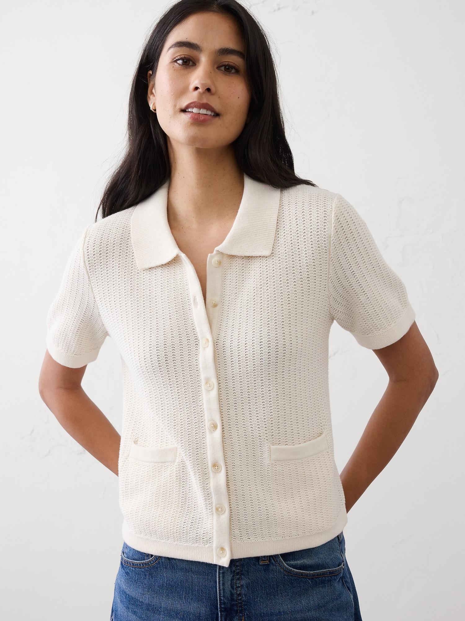 textured button-down polo sweater