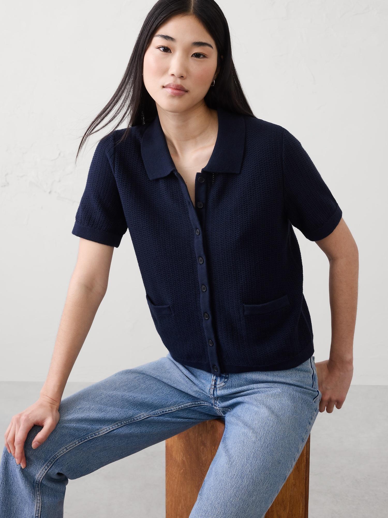 textured button-down polo sweater