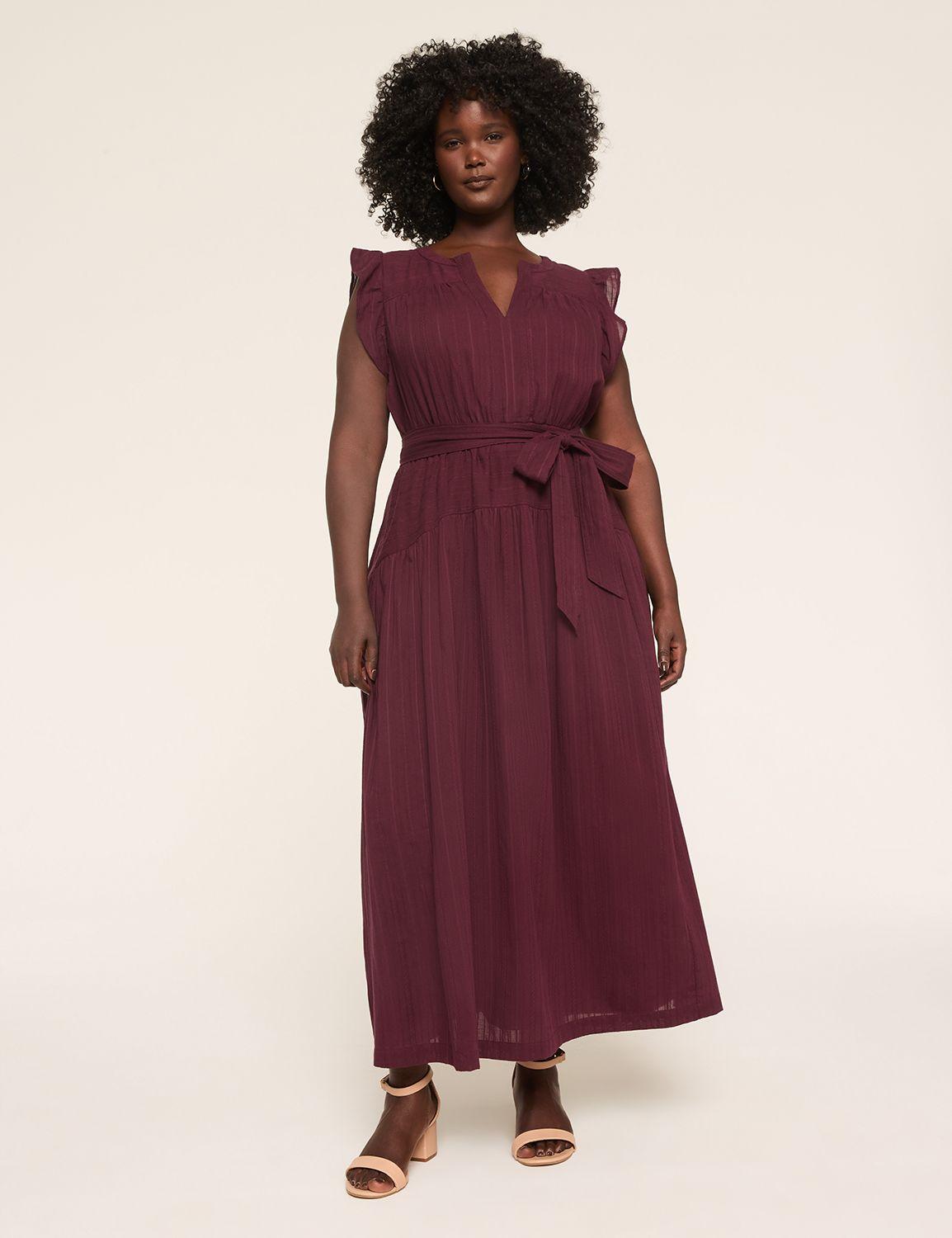 textured flutter-sleeve tie-waist maxi dress
