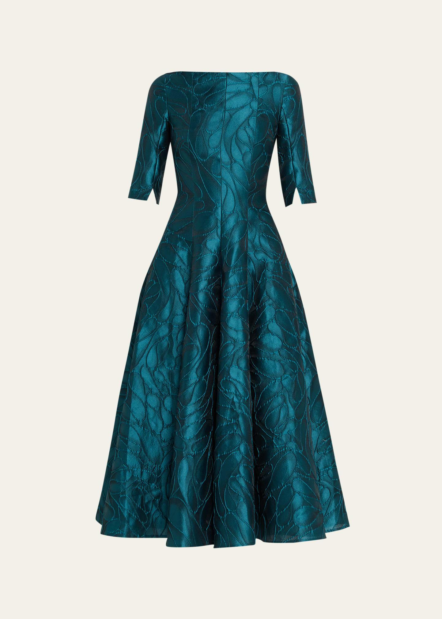 textured jacquard 3/4-sleeve midi dress