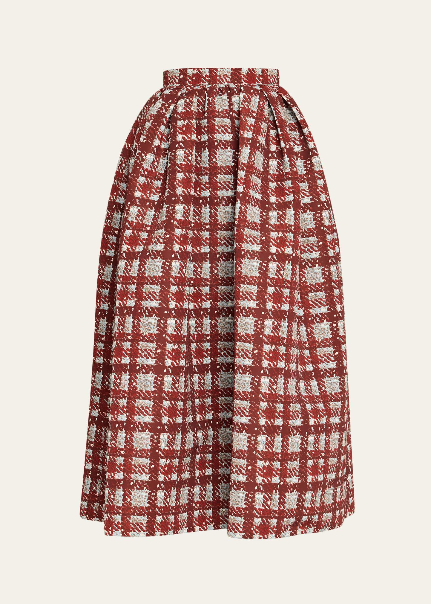 textured plaid-print pleated midi circle skirt