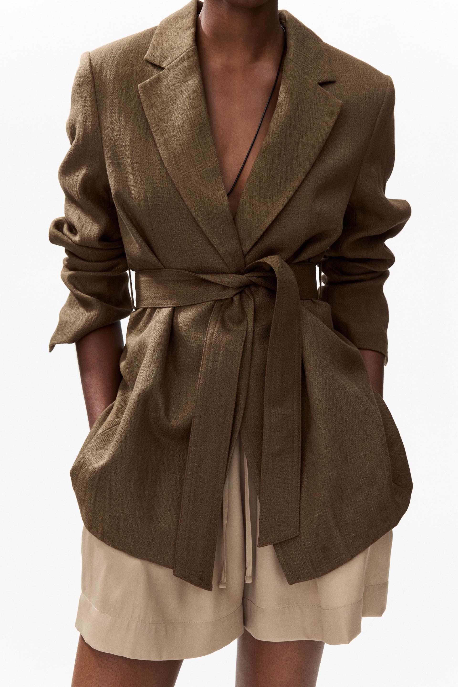 textured-weave tie-belt blazer