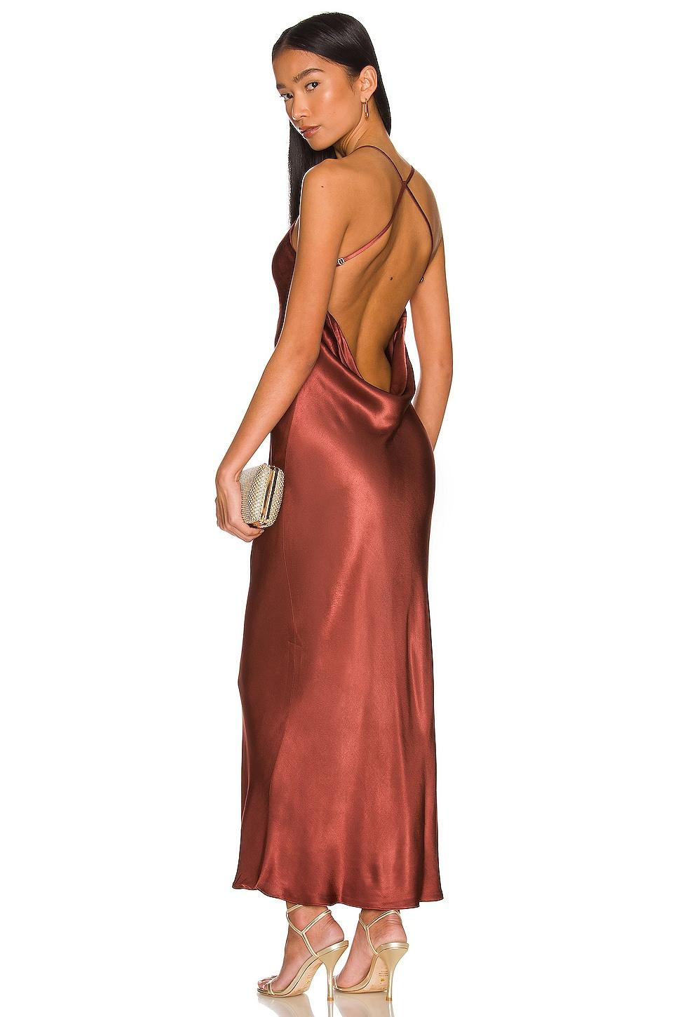 thalia cowl back bias midi dress