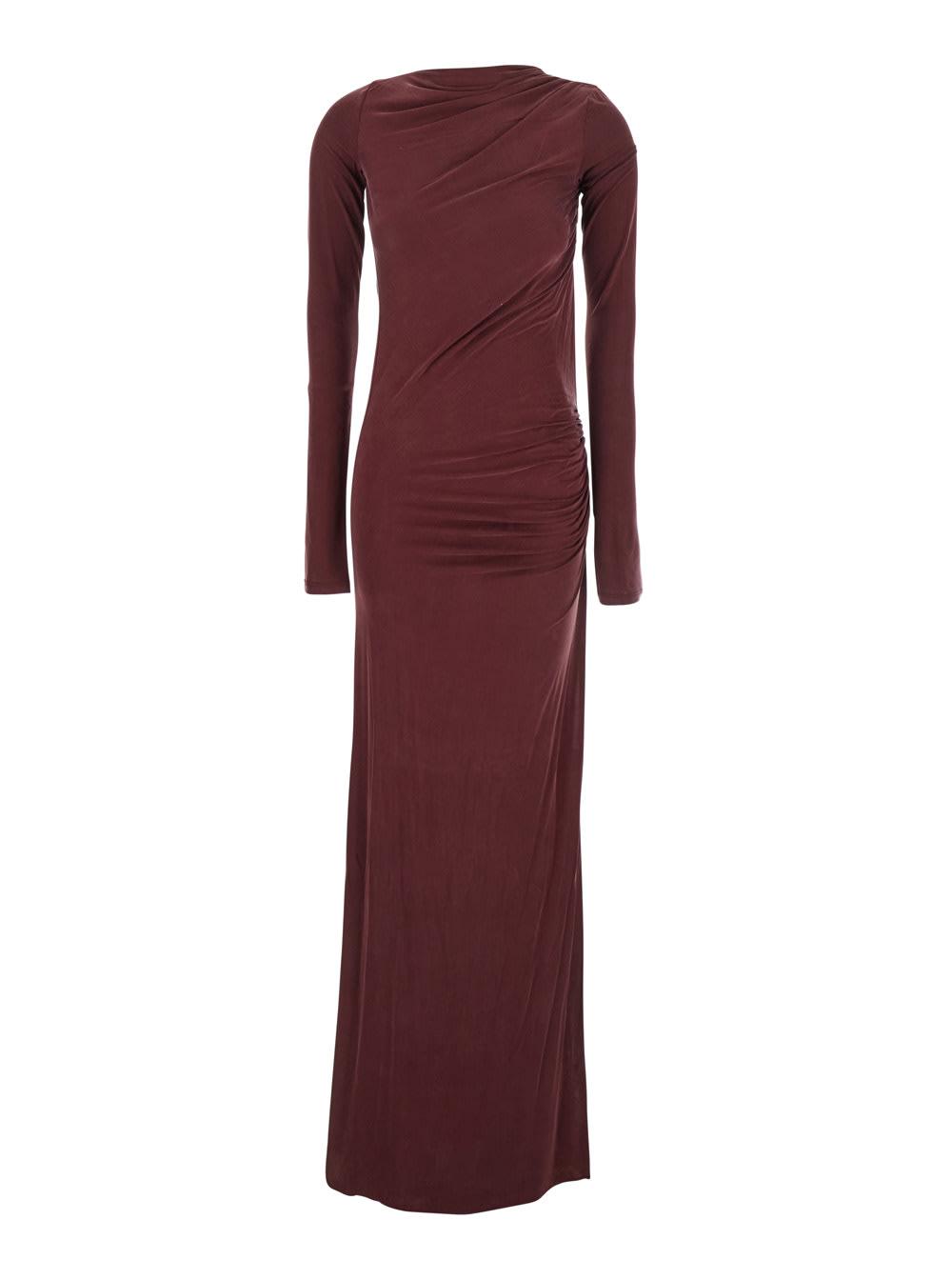 the andamane bordeaux long dress with draping and cut-out back in fabric woman