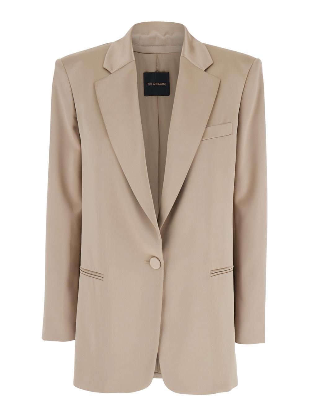 the andamane guia beige single-breasted jacket with notched revers and shoulder pads in wool blend stretch woman
