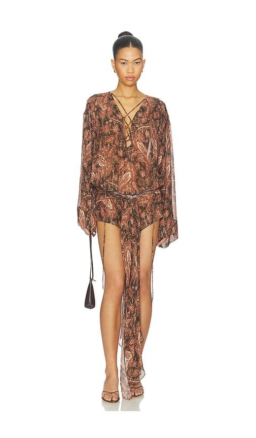 the andamane indira lace up wrapped mini dress in brown,orange.