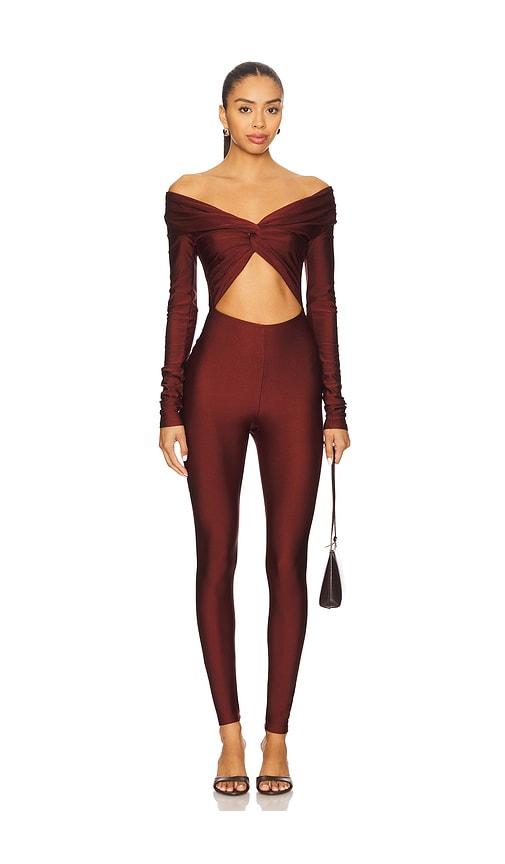 the andamane kendall jumpsuit in burgundy.