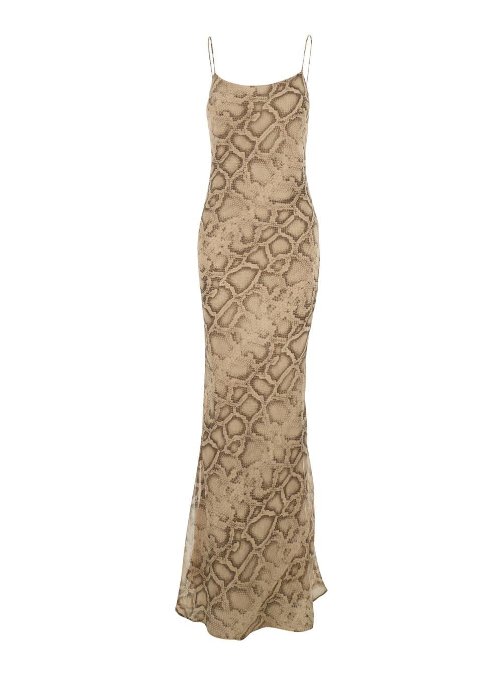 the andamane long dress t190131 with thin straps and all-over python print in beige fabric for women