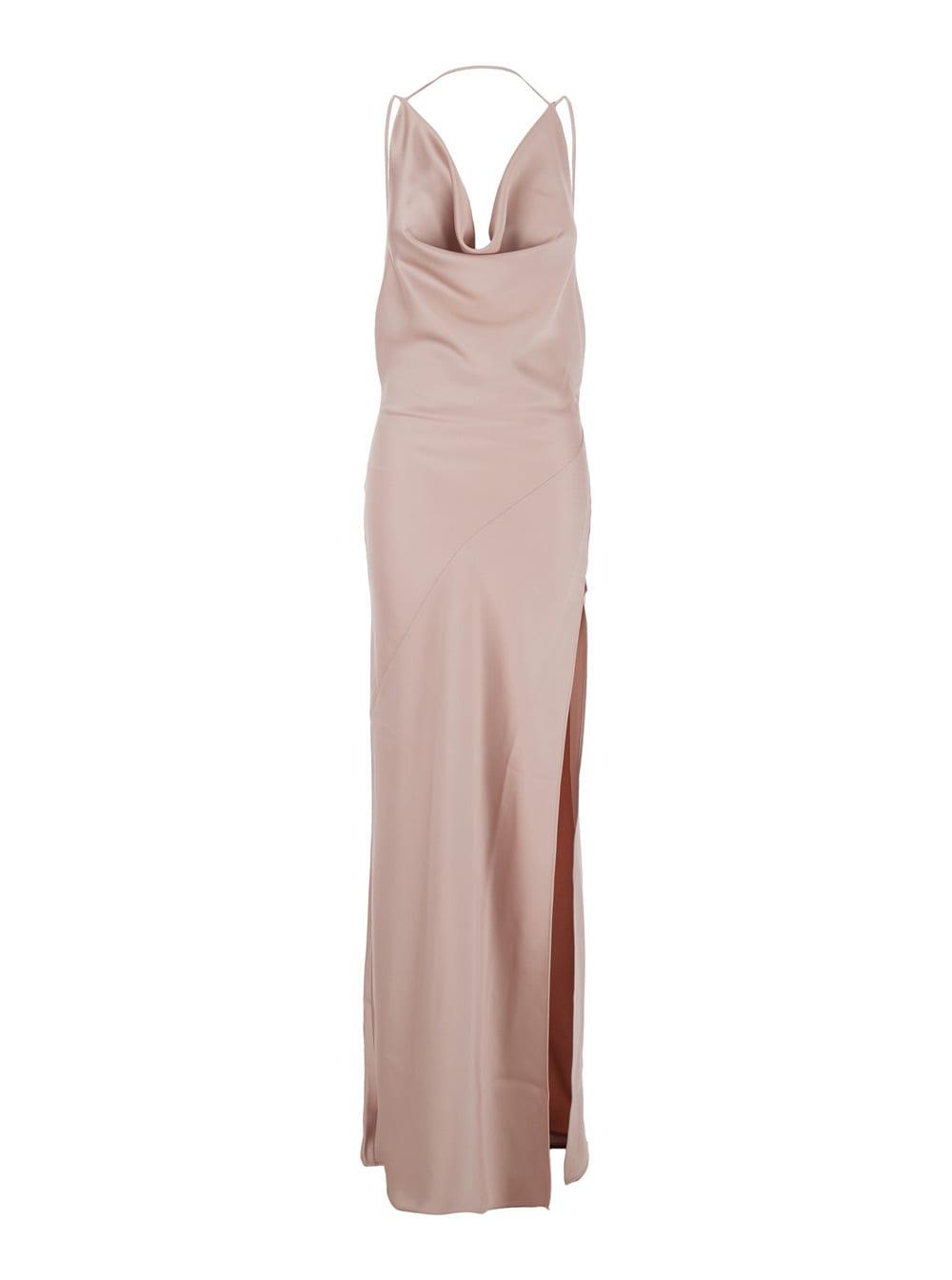 the andamane long dress vera with draped neckline and front vent in pink fabric for women