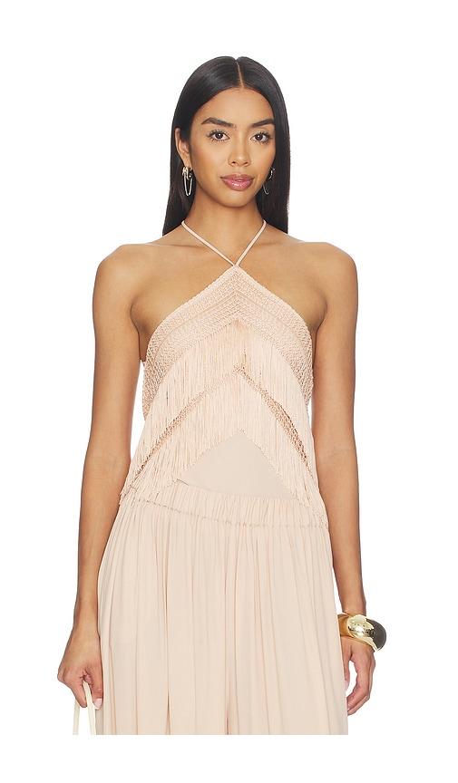 the andamane reina halterneck fringed top in peach.