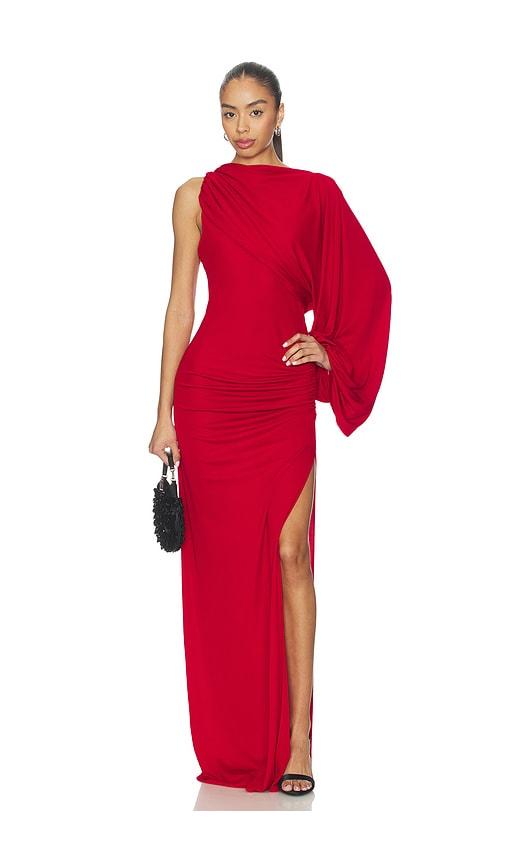 the andamane selene one shoulder maxi dress in red.