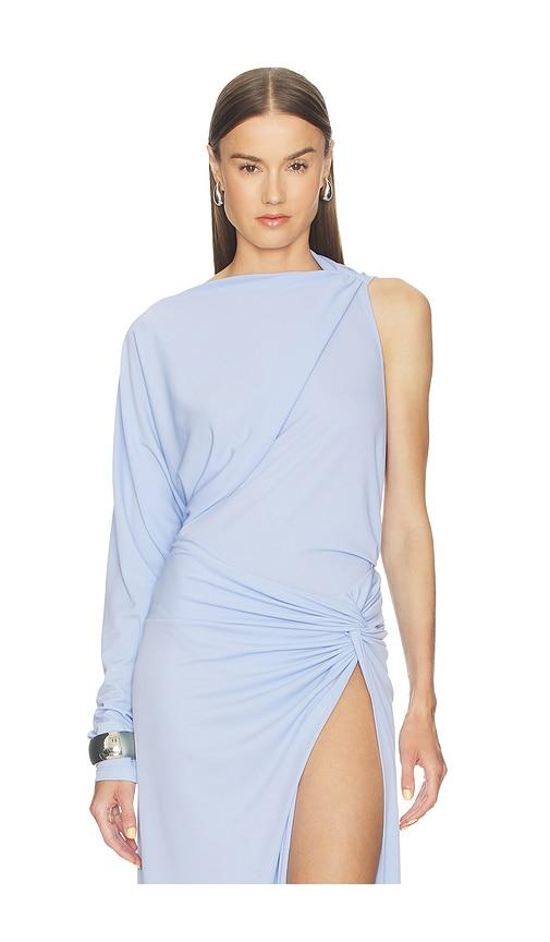 the andamane serena bodysuit one shoulder in baby blue.