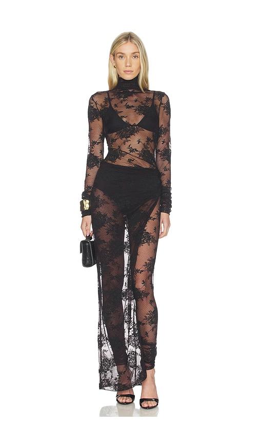 the andamane tessa lace turtleneck openback jumpsuit in black.