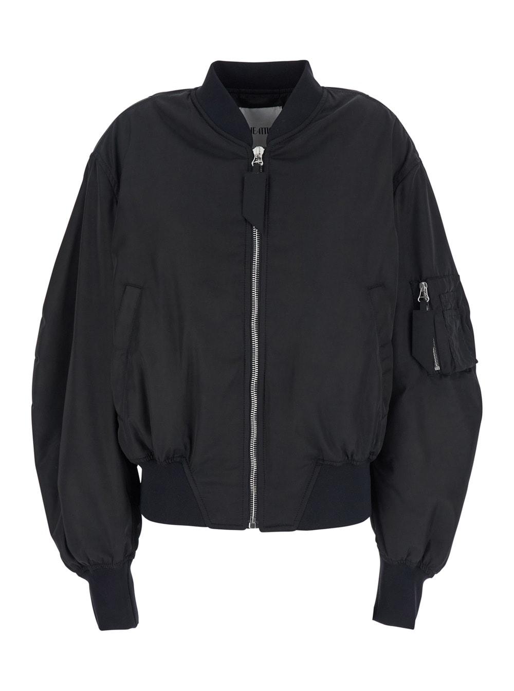 the attico black bomber jacket with front zip closure and one zipped pocket on the sleeve in tech fabric woman