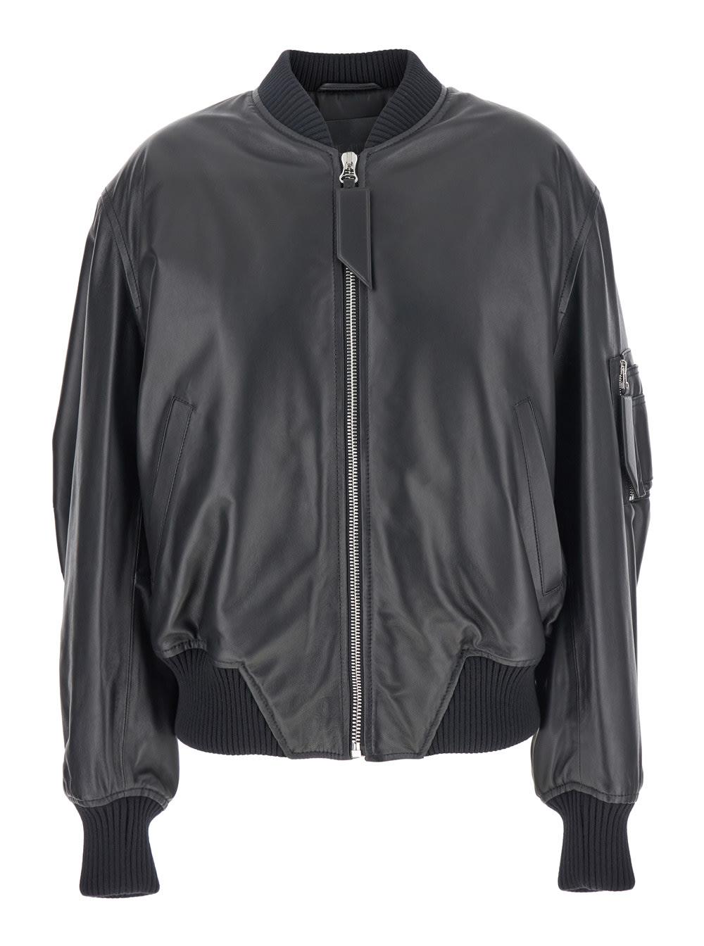 the attico black bomber jacket with zip closure in leather woman
