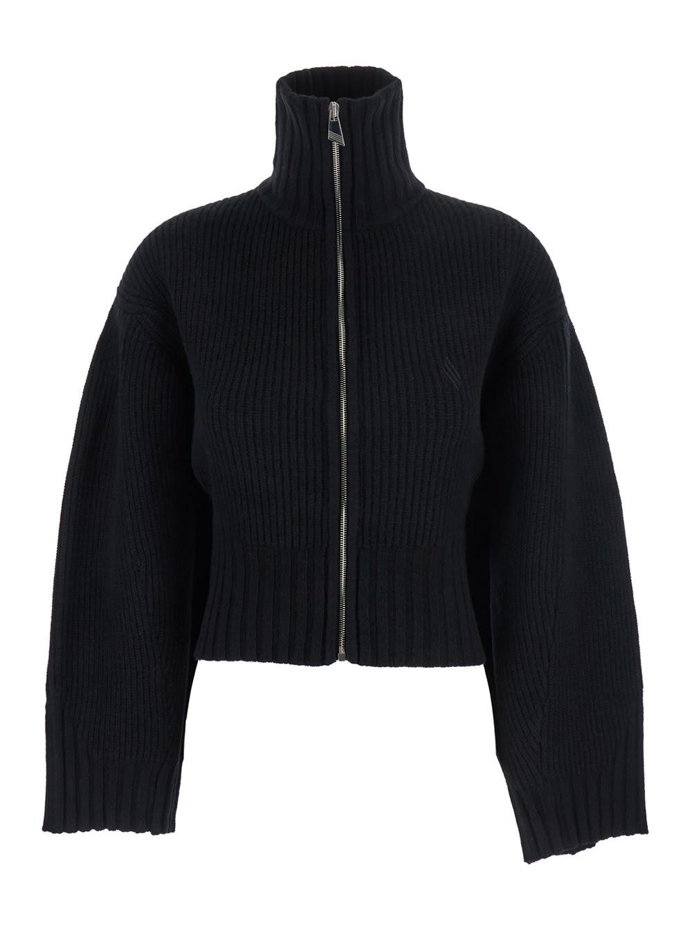 the attico black cardigan with raised collar and knitting in wool and cashmere blend woman
