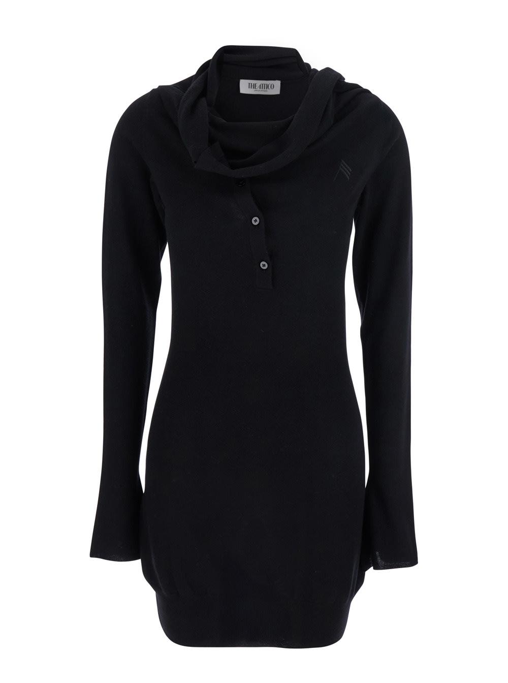 the attico black mini dress with cowl neck and flared sleeves in wool and cashmere woman