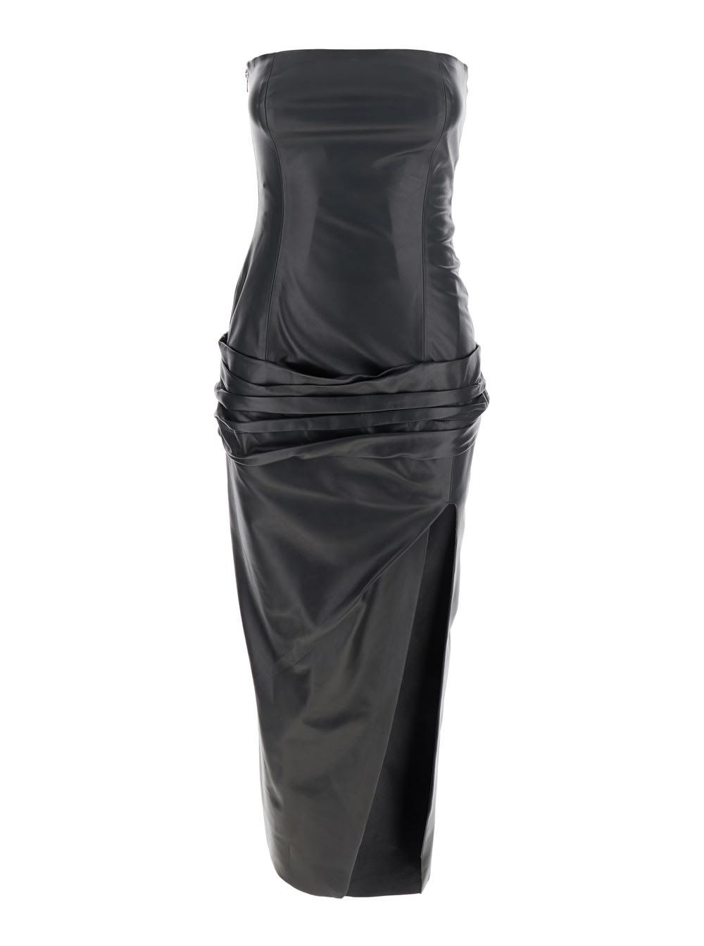 the attico black sleeveless off-shoulder midi dress with front single slit and ruched waist in leather woman
